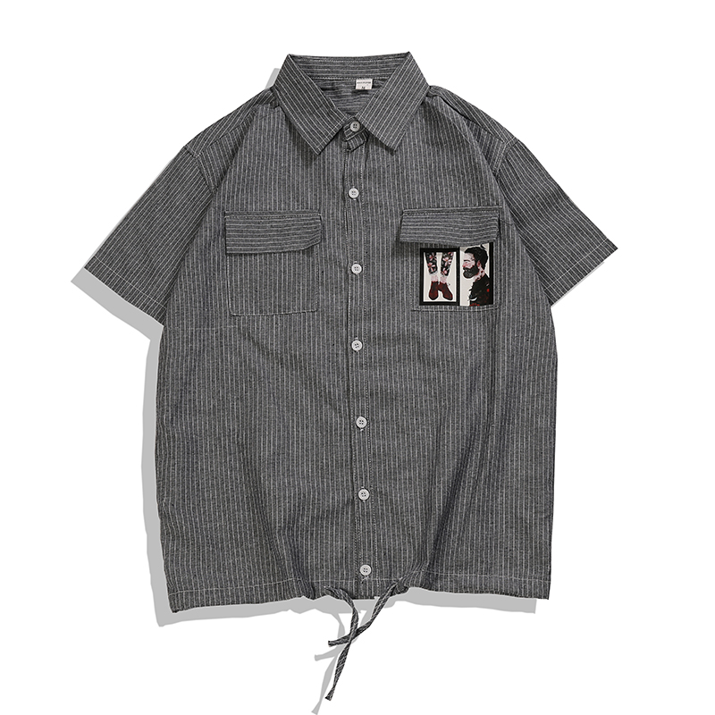 2018夏款港风男生短袖宽松衬衫青少年人物印花衬衣韩版时尚上衣男