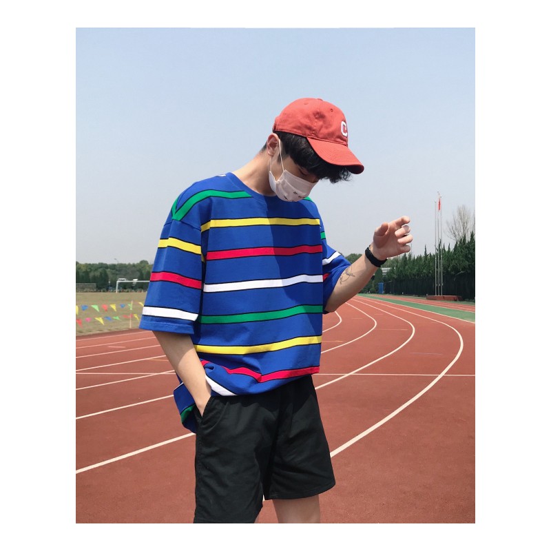 夏款港风tee新款男装彩色条纹宽松T恤短袖衣服青年学生半袖海魂衫