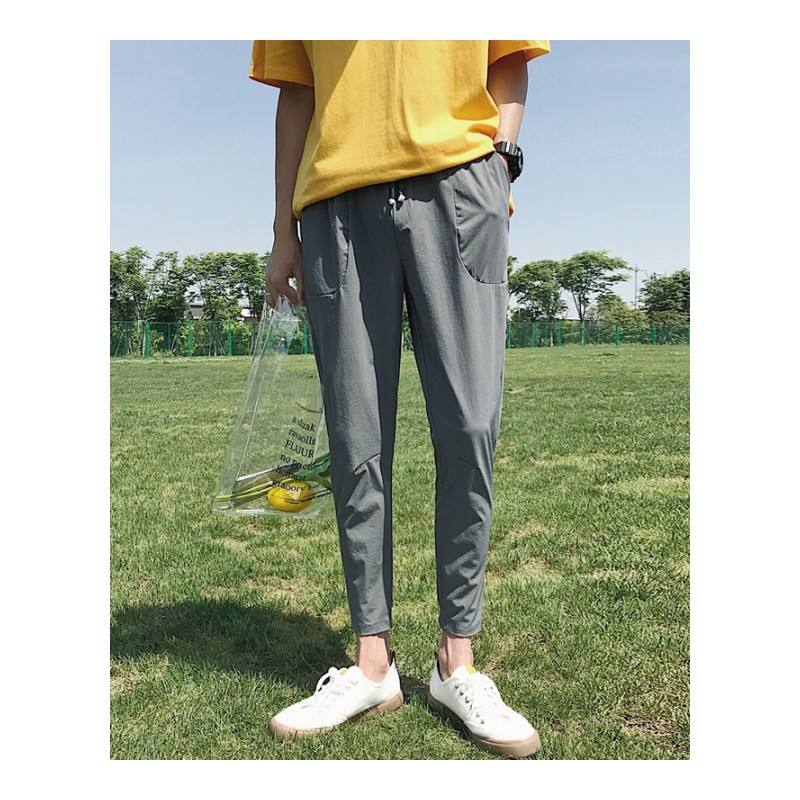 夏款港风新款男士修身裤子时尚百搭小直脚休闲裤薄款哈伦裤纯色潮