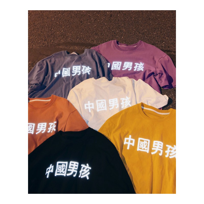 夏款新款男士文字印花短袖上衣时尚港风青少年宽松半袖T恤衫圆领