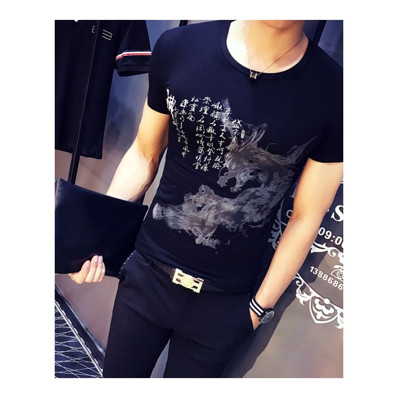 男士短袖T恤时尚个性印花体恤衫圆领韩版修身上衣服男装夏款半袖