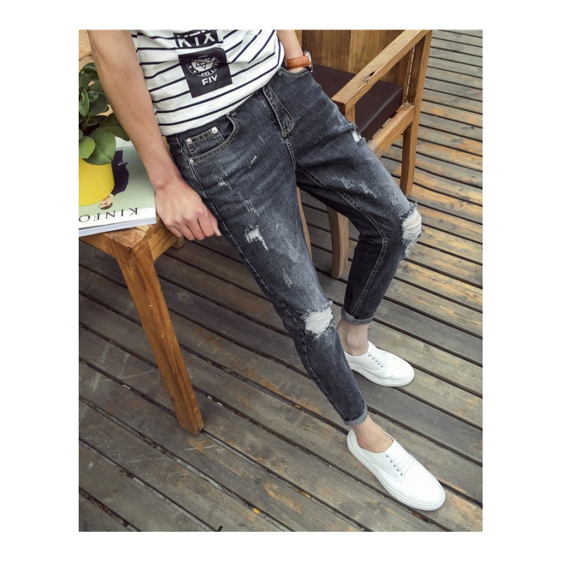 2018夏款新九分膝盖破洞牛仔裤乞丐裤男士修身小脚裤韩版潮男裤子