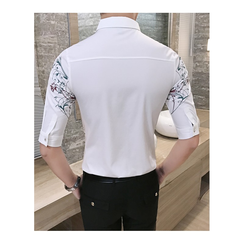 2018夏新款男士时尚印花中袖衬衫修身短袖衬衣七分袖型师工作服