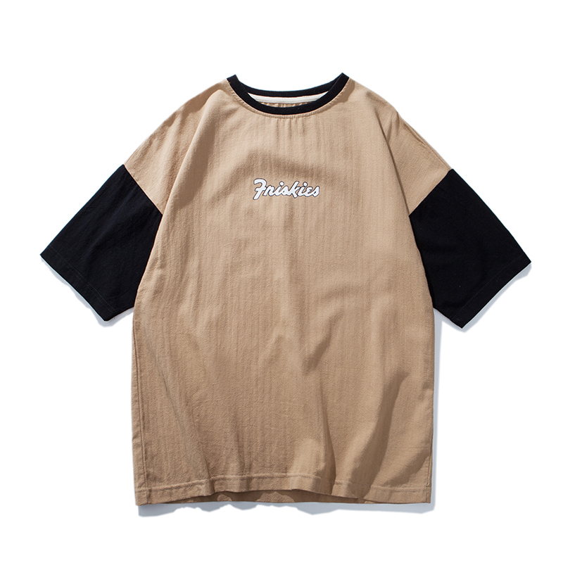 2018情侣装夏装新款短袖男士拼接袖印花圆领T恤5分袖上衣学生班服