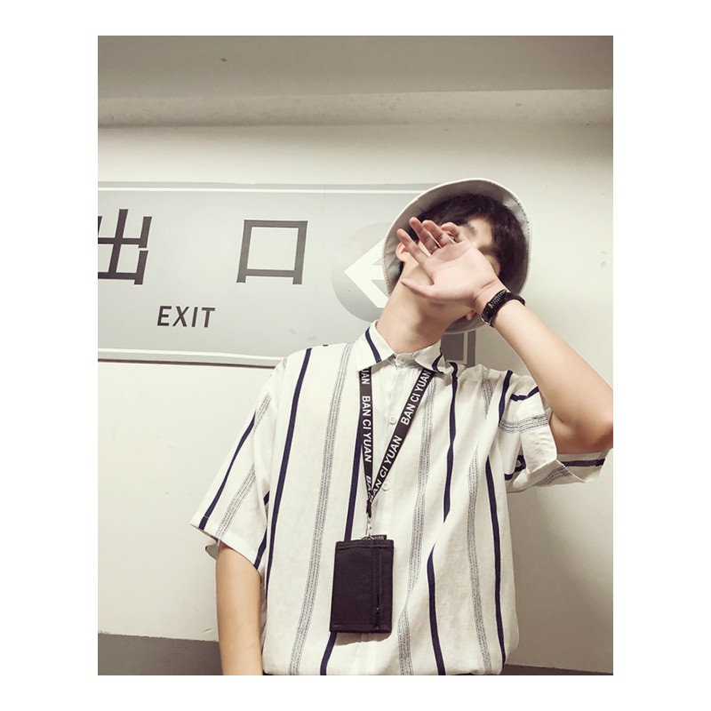 港风情侣装短袖衬衫男士夏款韩版时尚条纹衬衣宽松百搭文艺小清新