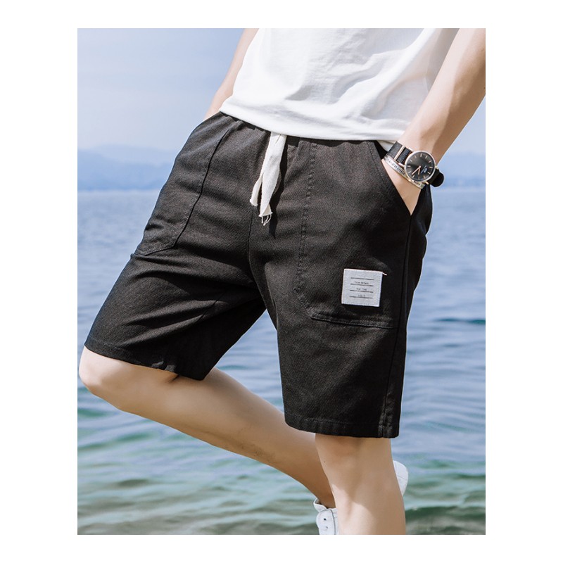 2018夏款新款男装五分裤帖标加大码休闲裤子男直筒沙滩纯色透气薄