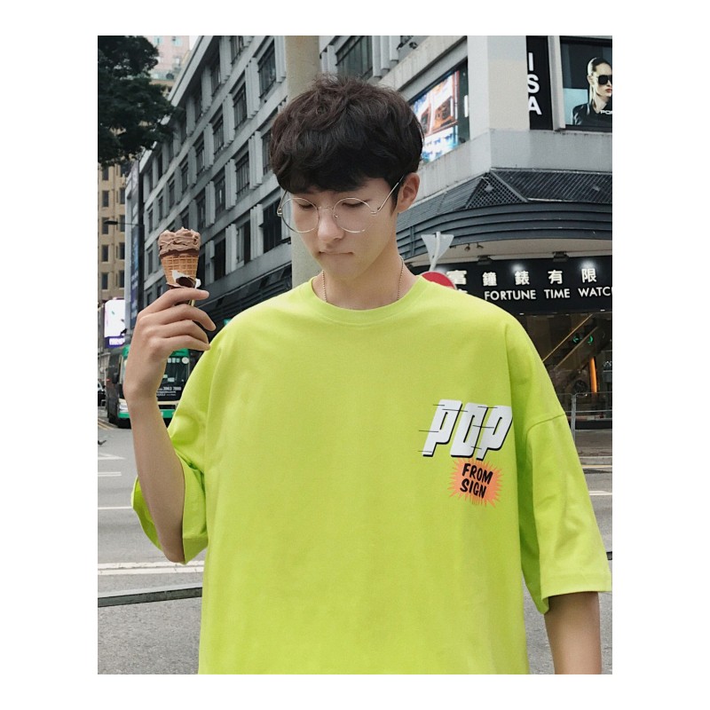 男士短袖T恤韩版圆领宽松气质印花体恤时尚中半袖夏装季上衣服薄