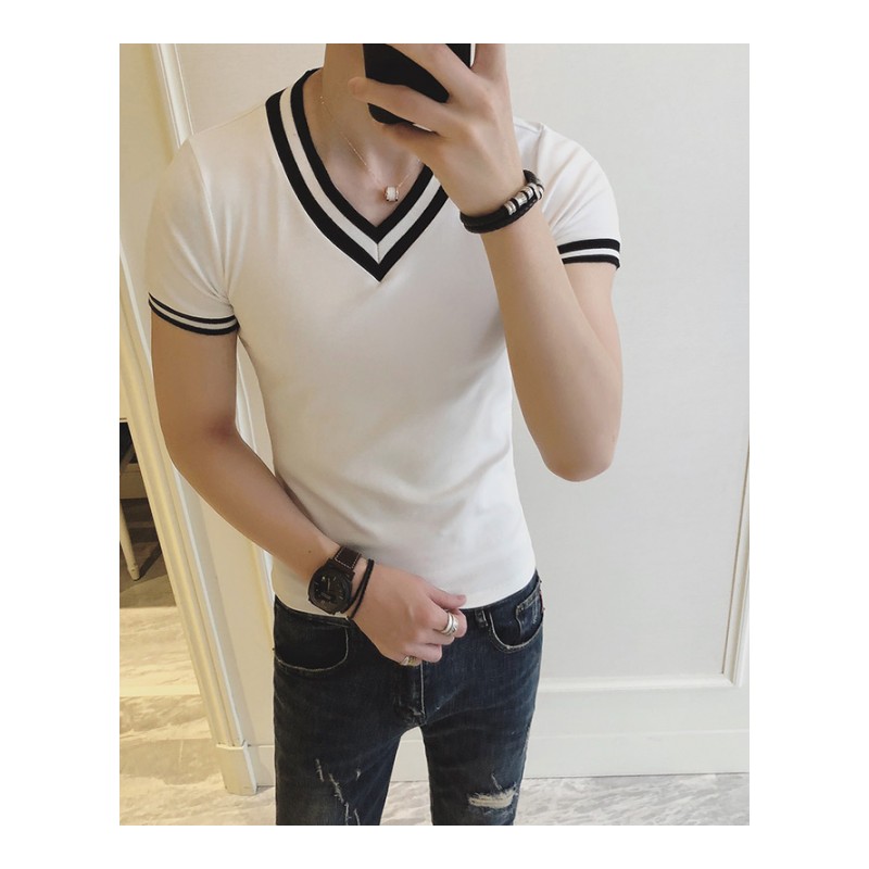 2018夏款新款英伦韩版弹力男士V领短袖T恤学生修身帅气上衣潮男装