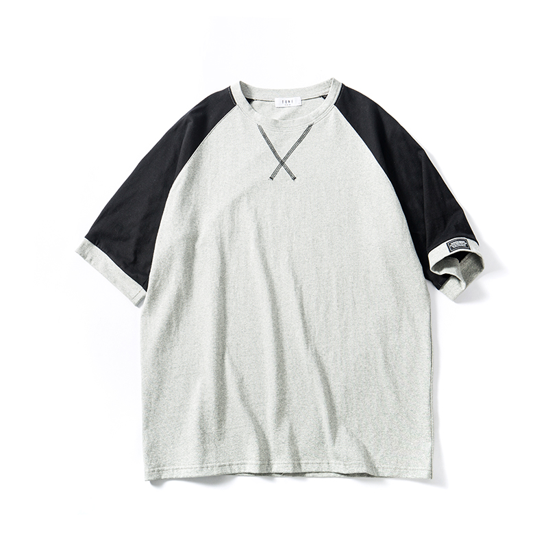 港风夏款新款插肩拼色T恤男短袖学生韩版时尚宽松圆领tee打底衫
