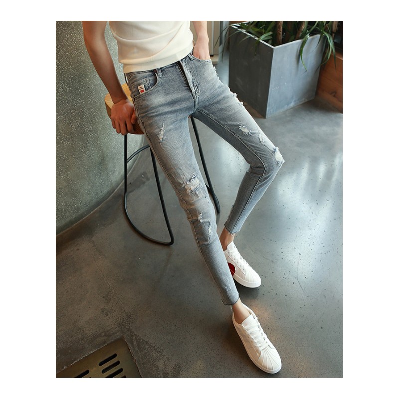 夏款男士毛边牛仔九分裤破洞小脚裤修身显瘦帅气潮牌男装裤子休闲