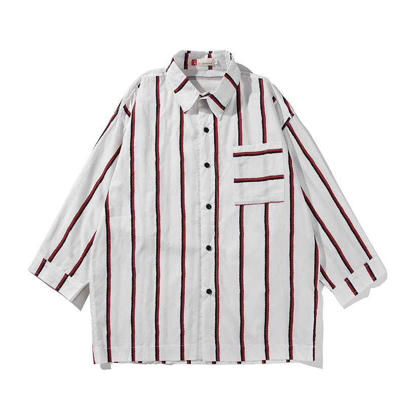 条纹衬衫男七分袖2018夏款薄款韩版时尚帅气青年学生宽松中袖衬衣