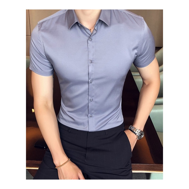 2018 夏款英伦修身 男士纯色净版短袖衬衫纯色免烫衬衣型师工装