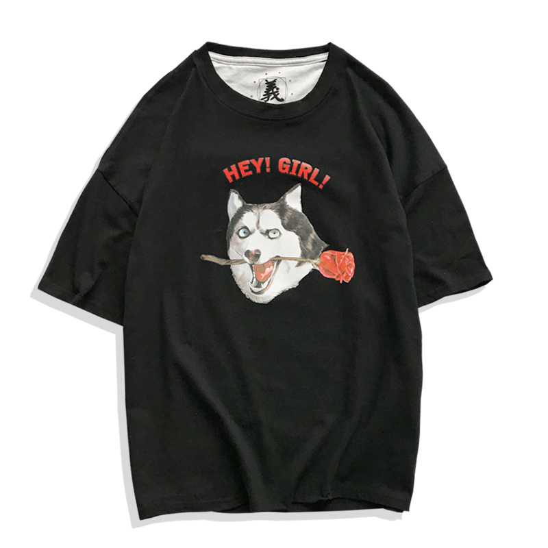 2018夏款港风男生短袖T恤韩版时尚圆领T恤青少年宽松小狗印花上衣