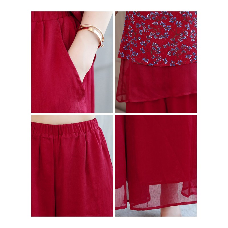 阔腿裤套装女夏款复古时尚年轻风女士新品网红女神气质雪纺两件套