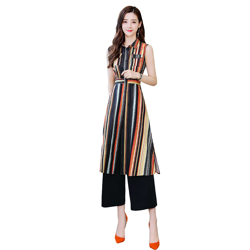 条纹时尚套装女韩版夏女士新品气质复古印花修身显瘦阔腿裤两件套