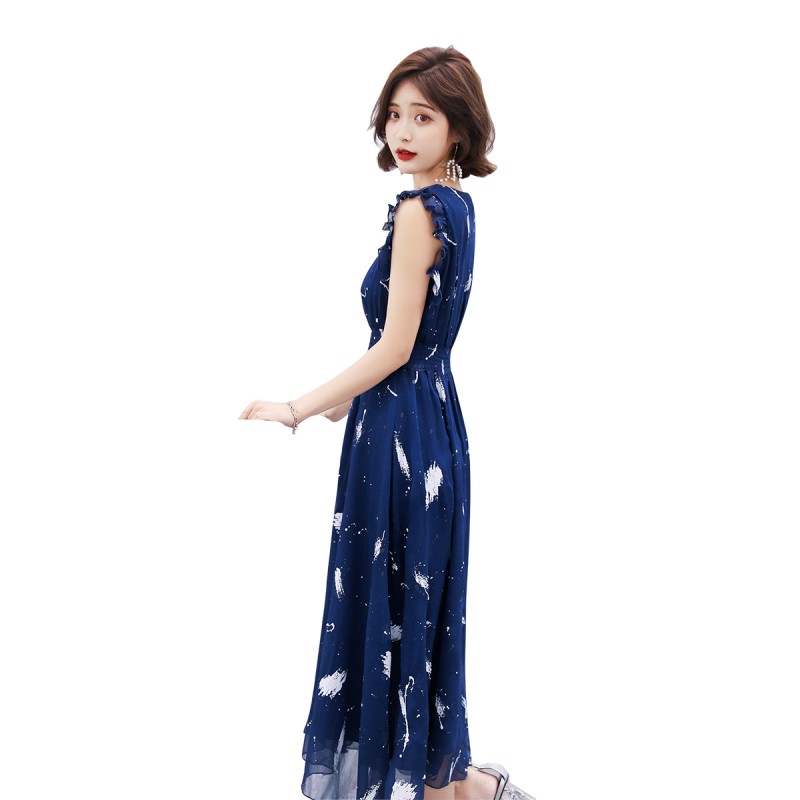 女士夏款新品韩版收腰显瘦碎花连衣裙女中长款V领喇叭袖气质裙子
