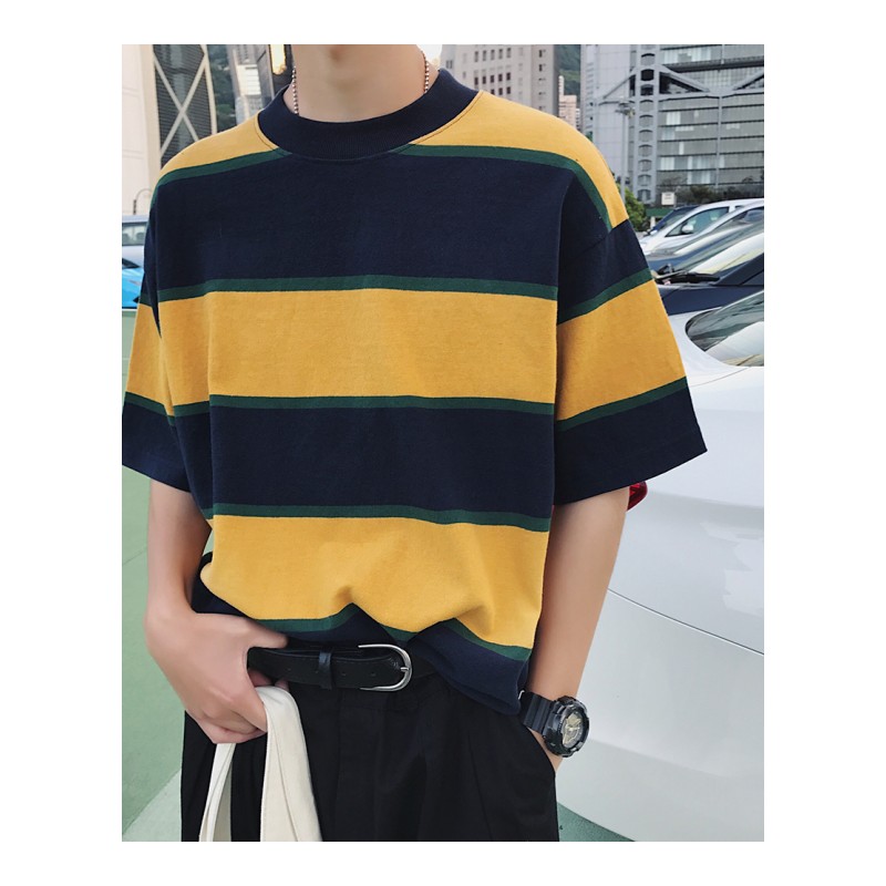 2018夏款男士条纹短袖T恤韩版时尚半袖上衣服港风圆领半截袖体恤