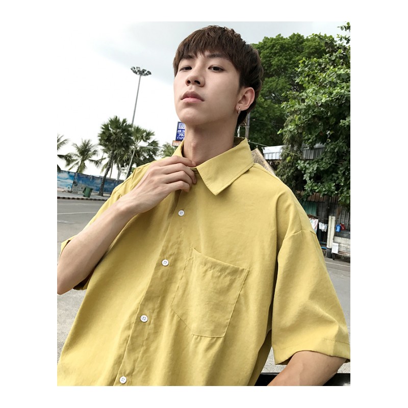 夏款男装薄款短袖衬衫2018韩版时尚男士百搭方领衬衣新款半袖上衣