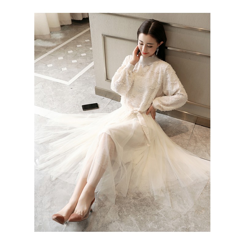 女士春季新品韩版套装女时尚气质雪纺显瘦中长款蕾丝连衣裙两件套