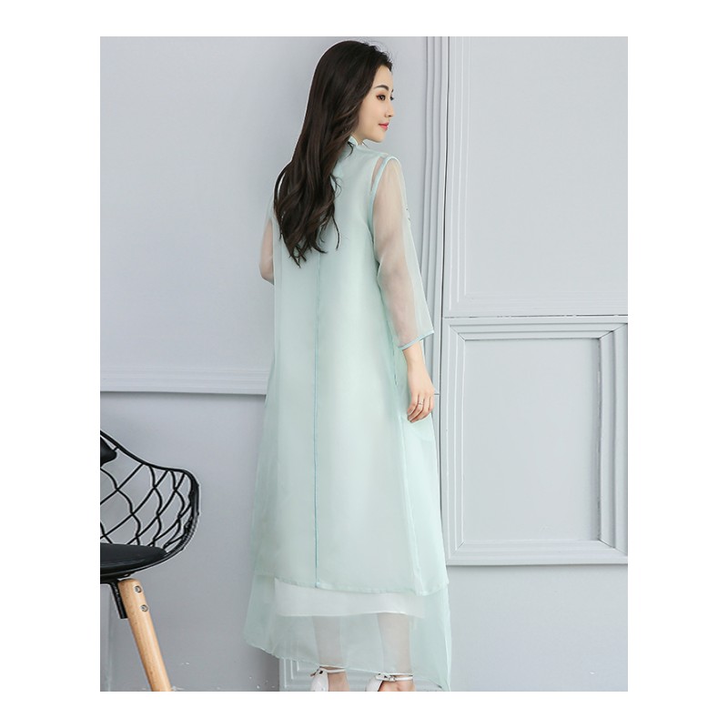 复古旗袍套装裙女女士新品夏装中国风宽松欧根纱连衣裙两件套长裙