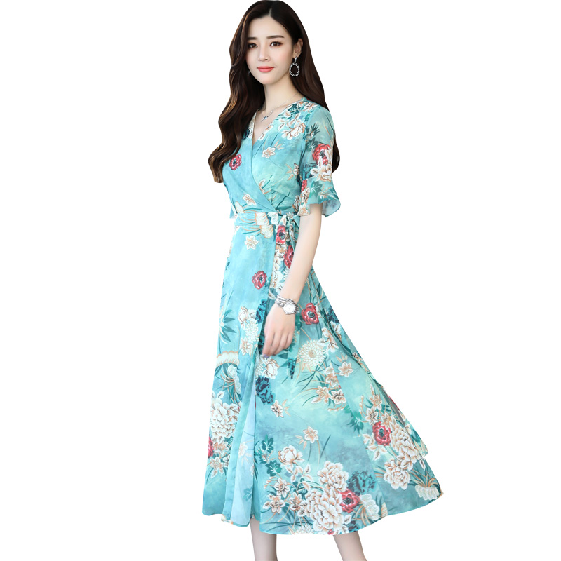 雪纺连衣裙夏装女士新品女韩版系带修身显瘦长裙时尚清新花色裙子