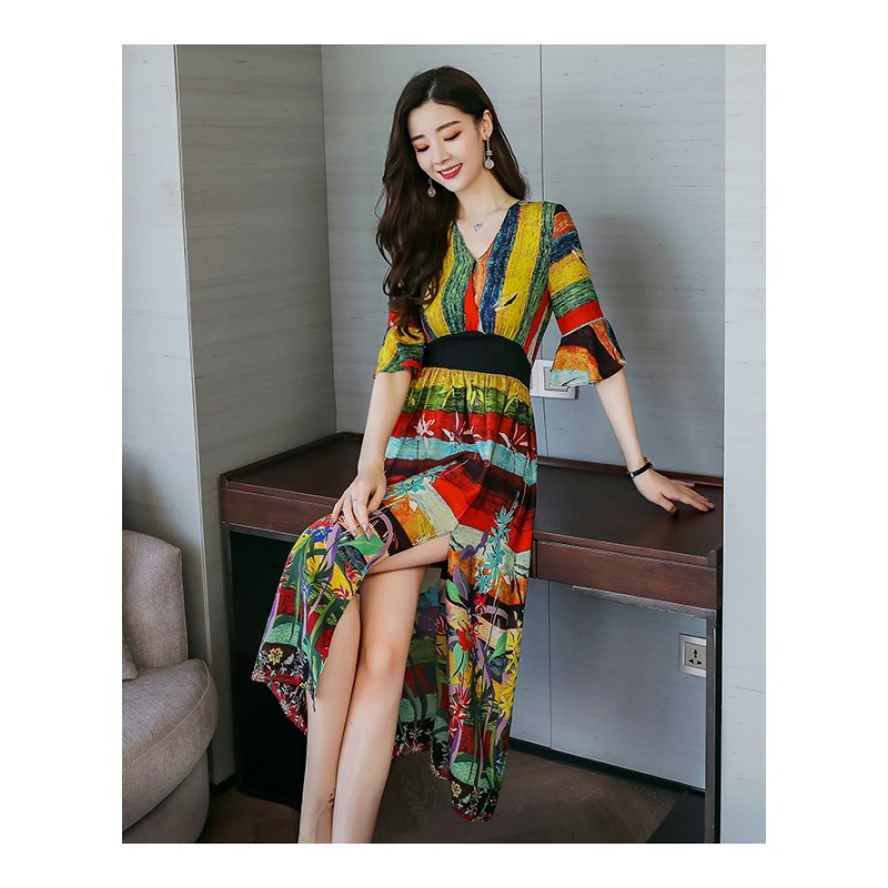 复古印花连衣裙女夏装女士新品V领长裙韩版海边度假印花开叉裙子