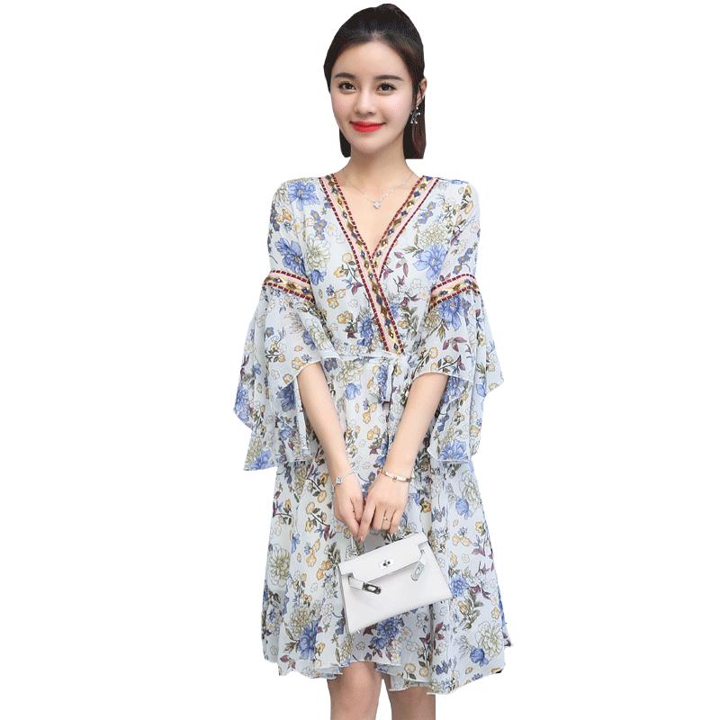 碎花雪纺连衣裙中长款女士夏装新品韩版女装修身v领气质裙子女夏