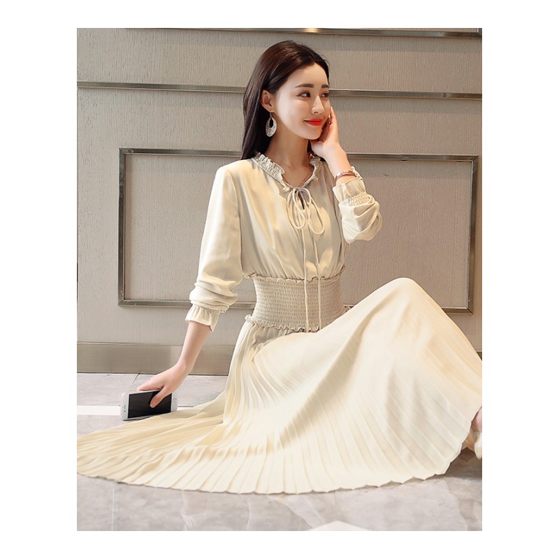 气质韩版百搭宽松休闲连衣裙女士新品修身中长款褶皱长裙A字裙女