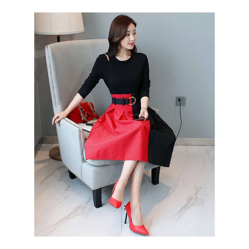 连衣裙女秋季女士新品名媛气质长袖中长款收腰显瘦假两件套装裙子