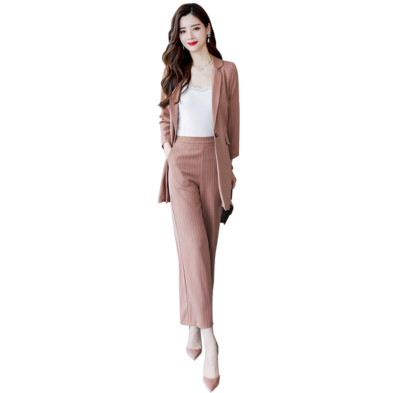 高腰条纹阔腿裤套装女女士秋季新品时尚气质韩版女神范洋气两件套