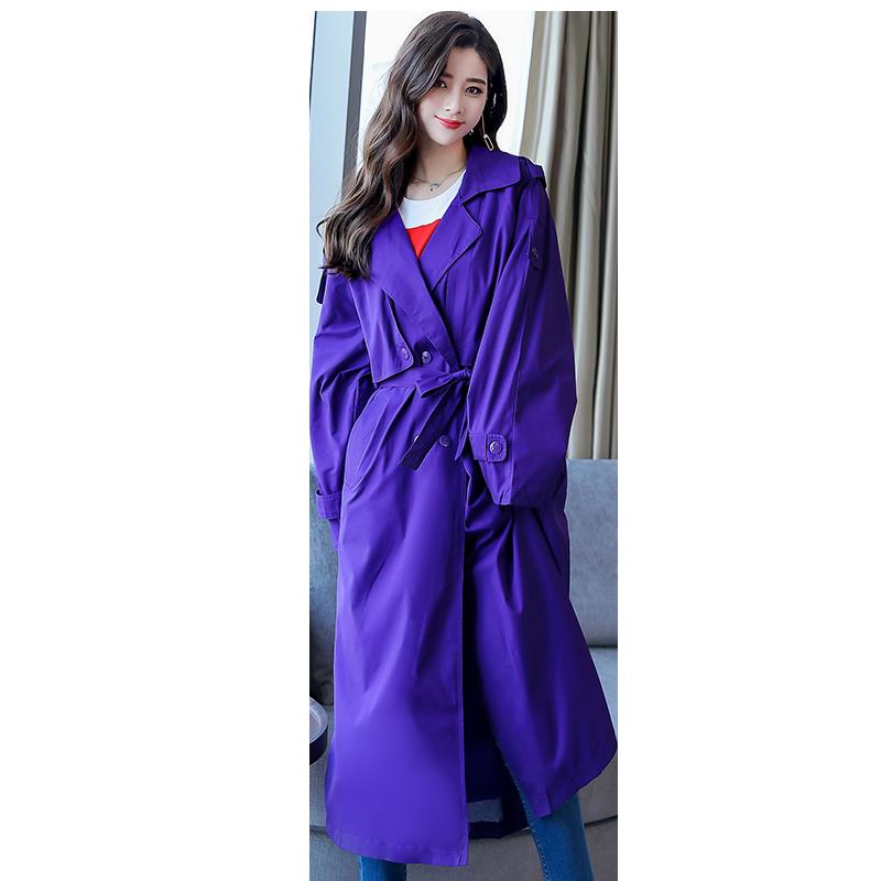 风衣女中长款韩版秋季女士新品英伦风紫色年轻过膝蝴蝶结长款外套