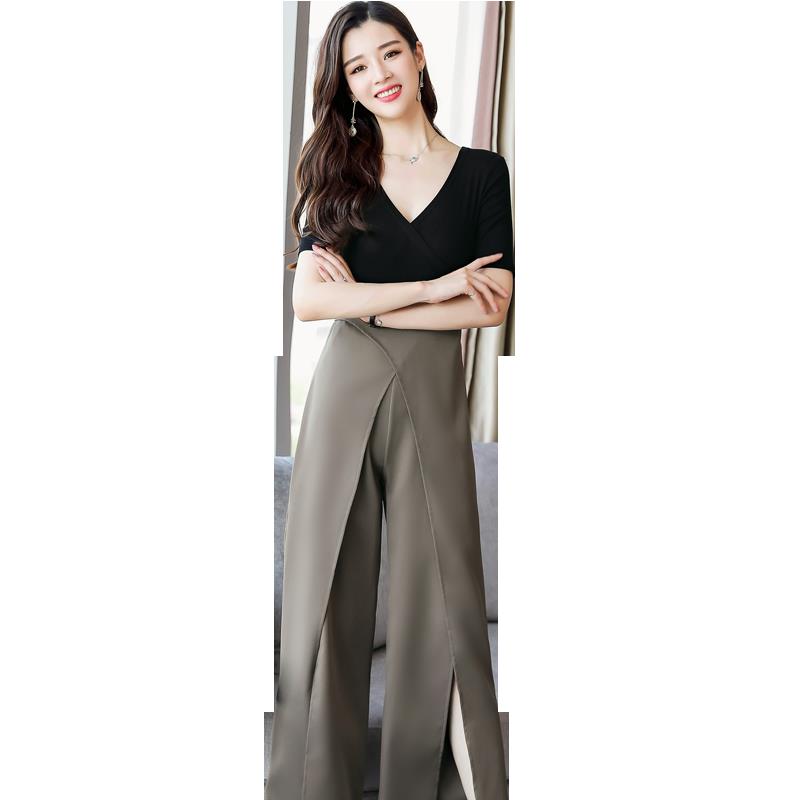 时尚套装女两件套女士夏新品韩版洋气名媛气质高腰裙裤开叉阔腿裤