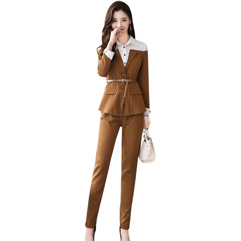女士秋装新品时尚衬衫拼接条纹两件套裤韩版修身九分裤时髦套装潮