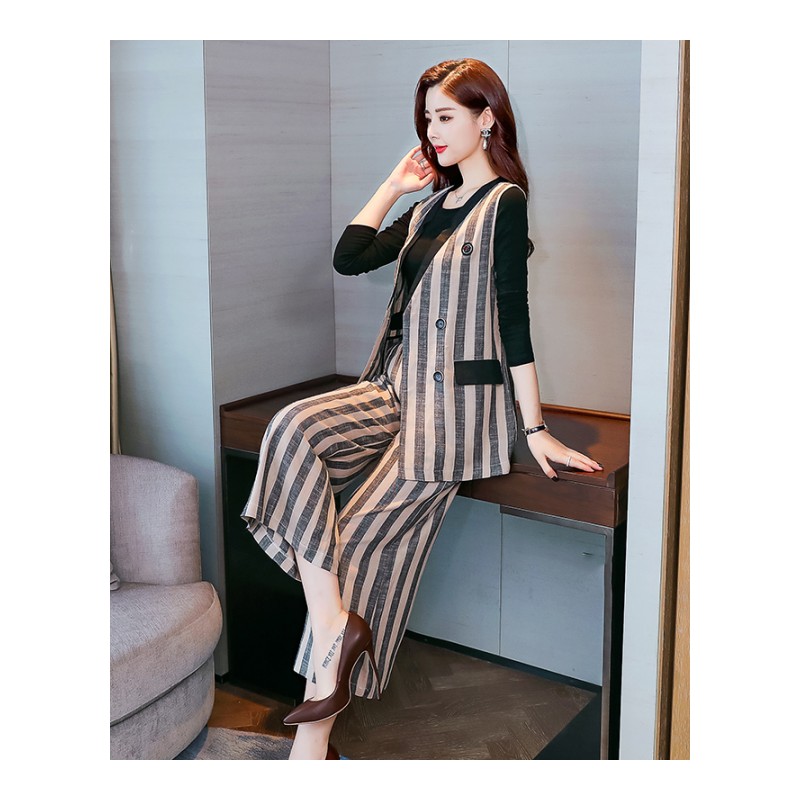 女士秋季新品时尚小马甲内搭棉麻三件套女七分阔腿裤条纹套装女潮