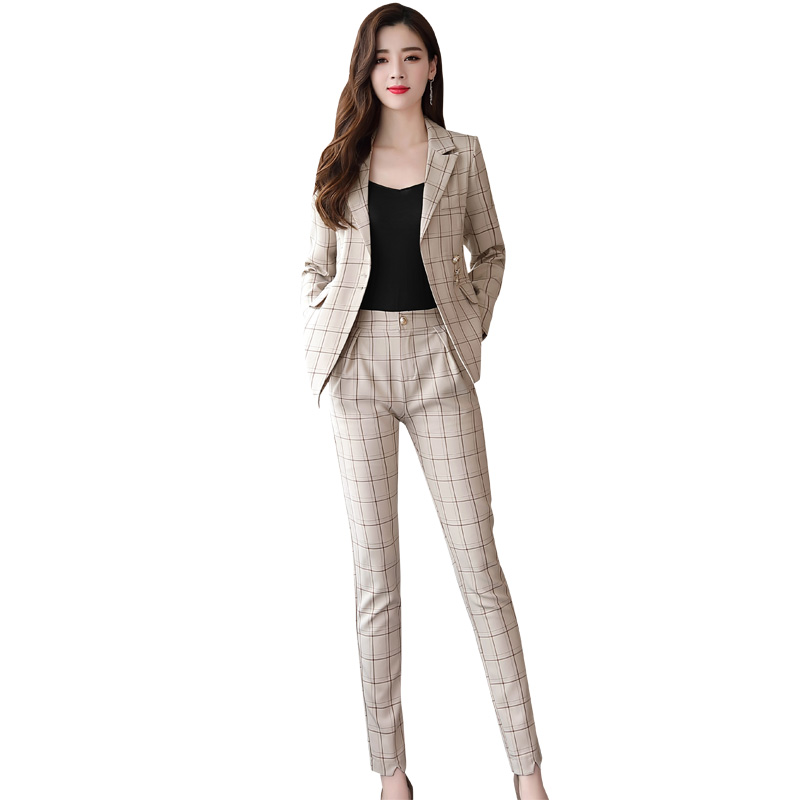 时尚套装女女士秋装新品显瘦韩版格子小西装外套两件套时髦九分裤