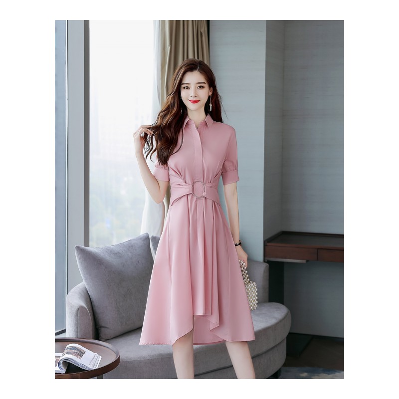 女士女装夏新品韩版气质不规则短袖修身大摆裙纯色衬衫领连衣裙