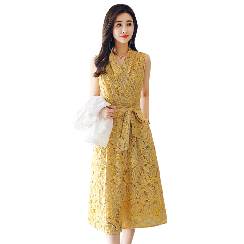 无袖蕾丝连衣裙女夏装女士新品收腰显瘦名媛气质修身裙子小香风潮