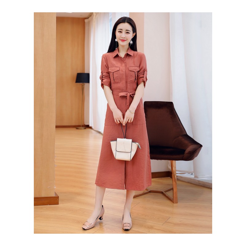 韩版修身显瘦长袖连衣裙女装女士秋季新品中长款收腰休闲过膝裙子