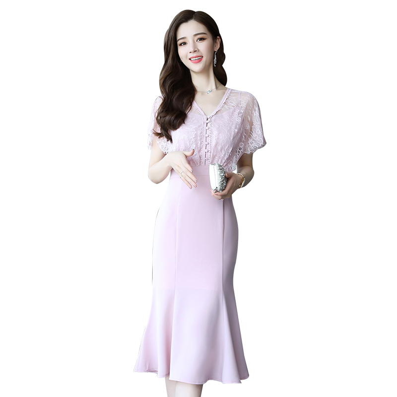 时尚气质名媛连衣裙女士夏款韩版短袖网纱拼接高挑显瘦轻熟女裙子