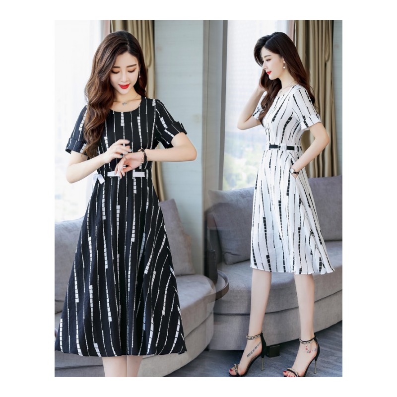 冷淡风条纹连衣裙女显瘦显瘦女士新品潮韩版圆领中长款舒适港味夏