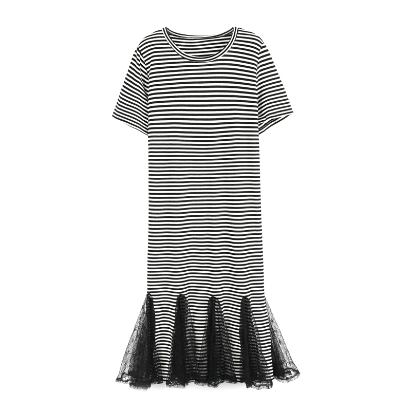 条纹连衣裙女女士夏装新品韩版中长款宽松显瘦蕾丝拼接黑白条裙子