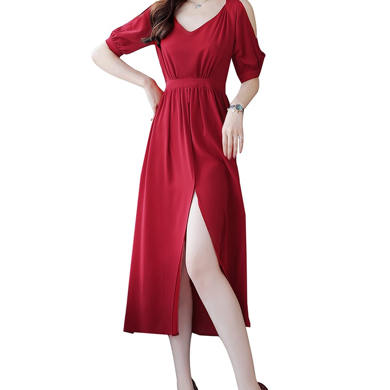 连衣裙女夏款女士新品韩版时尚女神范露肩中长款开叉红色雪纺裙子