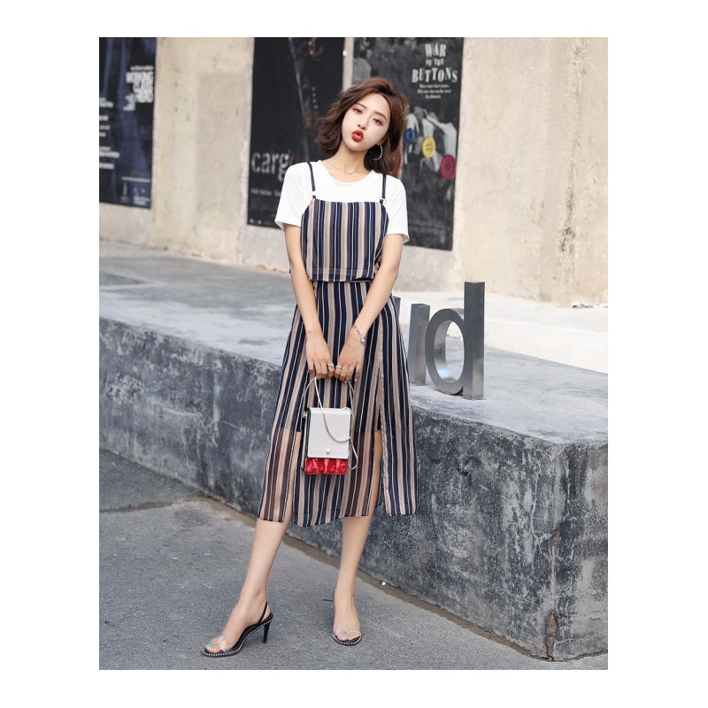 女士夏新品韩版显瘦竖条纹带假两件连衣裙女中长款雪纺拼接裙子