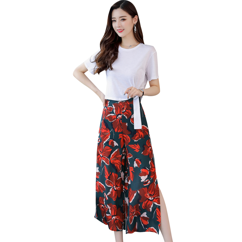 夏款套装女时尚两件套女士新品女神范洋气网红显瘦印花阔腿裤子潮