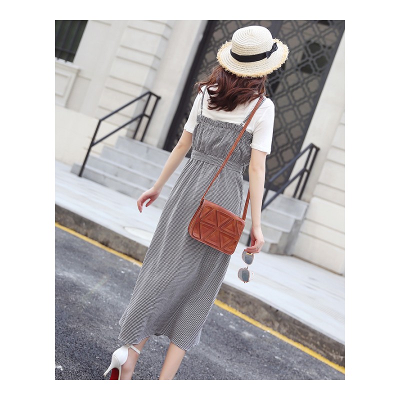 两件套夏款女士新品休闲时尚纯色单排多扣连衣裙气质蝴蝶结套装女