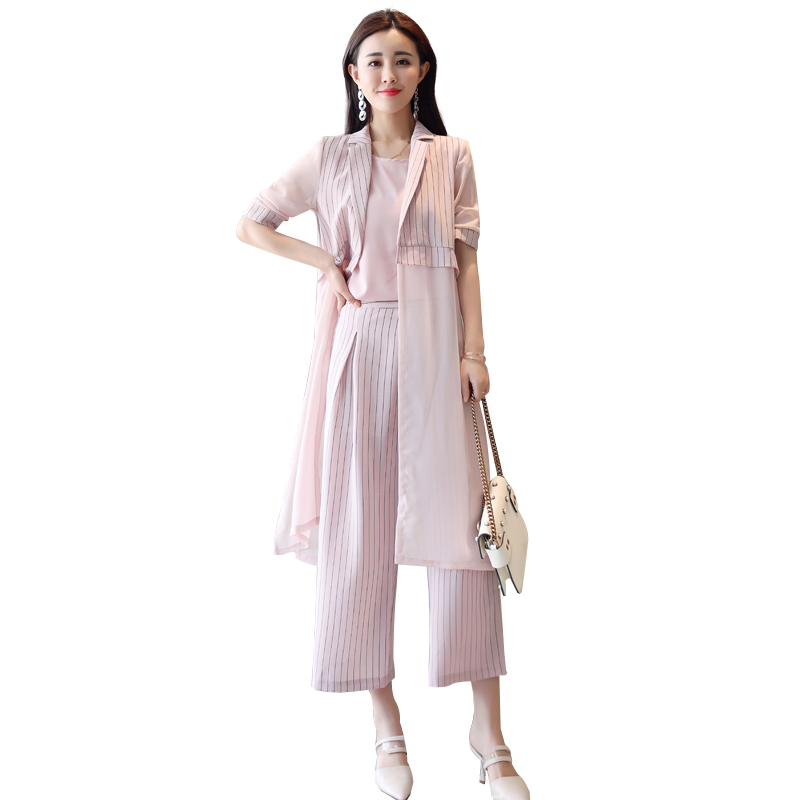 显瘦女士夏天新品遮肉显瘦条纹阔腿裤三件套韩版时尚洋气套装女