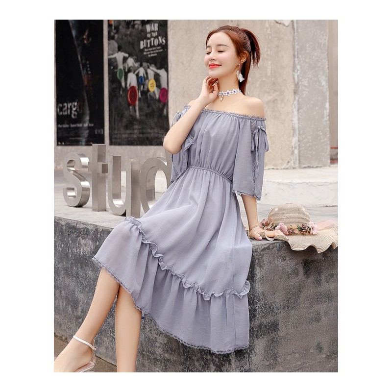 女士新品夏天一字露肩冷淡风连衣裙遮肉显瘦气质飘逸温柔裙仙女女