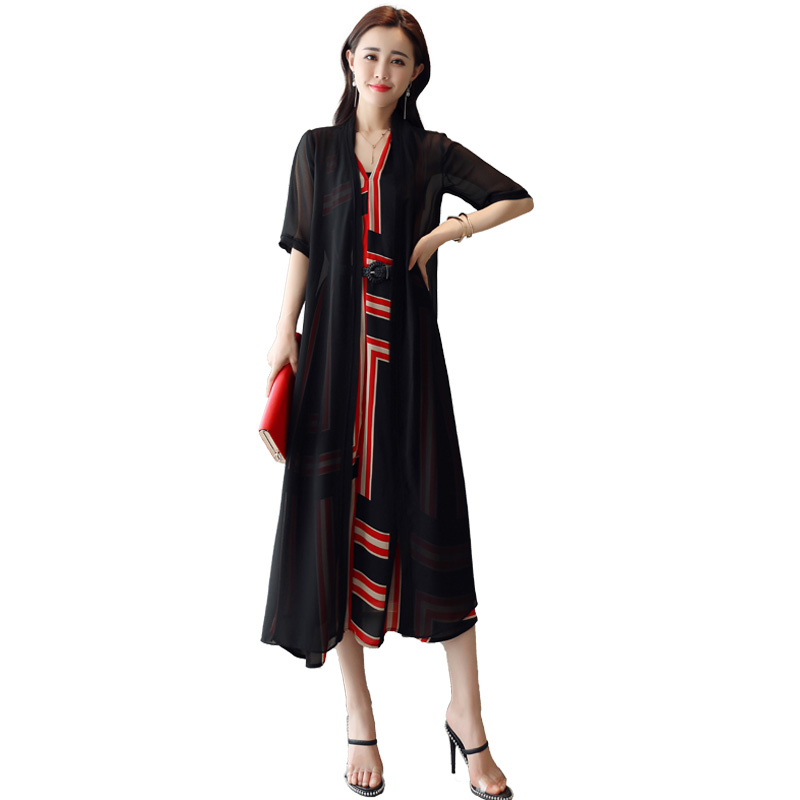 条纹两件套长裙女士夏款新品雪纺连衣裙套装韩版修身显瘦大码女装