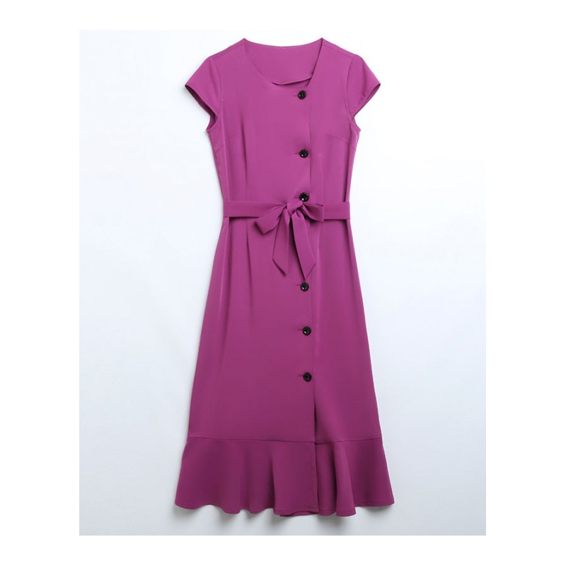 女士夏装新品紫色短袖连衣裙绑带收腰港味显瘦中长款裙子女装