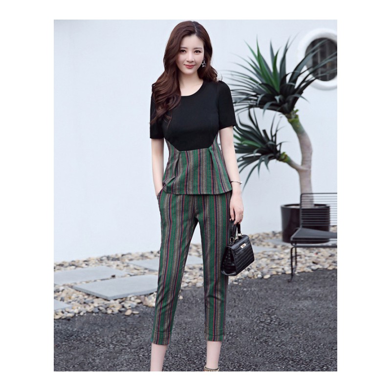 女士秋装夏装新品韩版显瘦显瘦时髦条纹套装洋气港风两件套潮
